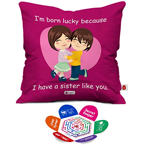 Indigifts Micro Sati and Fibre Lucky To Have You Sis Printed Micro Satin Cushion Cover with Fibre Filler (Magenta, 12x12-inch)