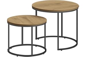 NMK HOME Juego de 2 mesas de café Redondas – Roble y Negro – Diseño Industrial – Ahorro de Espacio – Mesas Nido – Salón Dormitorio Oficina