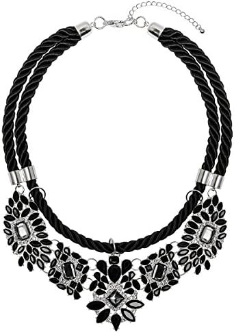 Adorning Ava Black and Silver Crystal Bib Necklace with Floral Design and Rope Collar