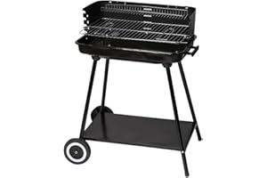 LOLAhome Barbacoa de carbón negra | De 64x38x82cm | Regulable 4 alturas, Doble parrilla Cocinar y Calentar, fácil montaje, fácil guardado | Para 10 comensales | Barbacoa jardín