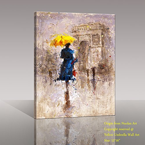 Impresión en lienzo «Paraguas amarillo paseando por París» - Cuadro en lienzo para pared con paisaje moderno en óleo para decoración de oficina y hogar - P1L010