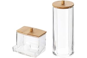 INCETUE Makeup Organiser Set - Acrylic Cotton Wool Pads Holder with Bamboo Lid, Clear Q-tip Cotton Swab Dispenser, Ear Bud Jar, Dressing Table Accessories, Cosmetics Storage Container for Bathroom
