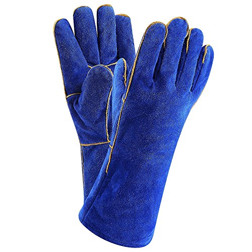 Preisvergleich Produktbild DEKO Schweißhandschuhe Hitzebeständiges gefüttertes Leder, Blau, 14 Zoll für Mig, Tig-Schweißer, Grill, Garten, Camping, Ofen, Kamin und mehr