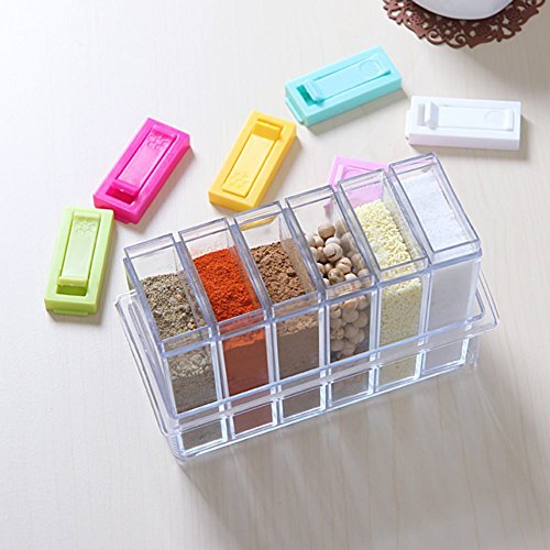 Gewürzdosen Set mit 6 Teilen aus Kunststoff mit dem Aufbewahrungsregal Accessoires für Küche, Farben Zufalls Spice Jar Set Speisewürze Essig Flasche (Transparent) - 6