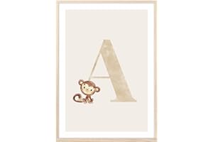 MeinBaby123® Poster con lettere in formato DIN A4, per cameretta dei bambini, ragazze e ragazzi, decorazione per la cameretta dei bambini, idea regalo per la nascita, lettera A (dolce scimmia)