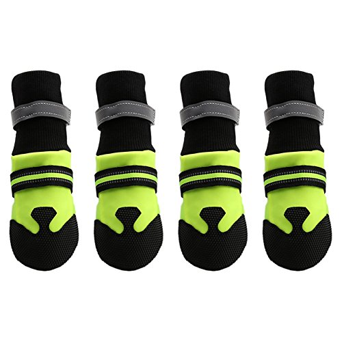 Magic-Zone-Waterproof-Dog-Shoes-Weave-Dog-Boots-Reflective-Velcro-Straps-and-Anti-Slip-Sole-Fluorescent-Green-4pcs