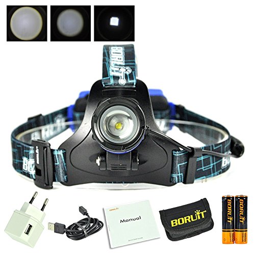 Boruit Led stirnlampe kopflampe Späteste Version LED-Hauptfackel, hohe Leistung XM-L T6 LED Scheinwerfer, wasserdichte Zoomable nachladbares Scheinwerfer-Taschenlampen-Kopf-Lampen-Licht für das kampierende fischende das Radfahren laufende wandernde Jagd-kletterndes Sicherheits-Licht mit SOS-Warnungs-Funktion, European regulation charger - 2