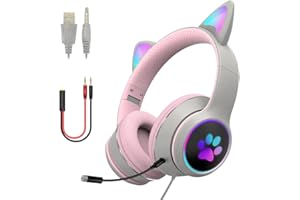 DRAGON SLAY Casque filaire LED à oreilles de chat pour adultes et adolescents - Bandeau rembourré réglable, microphone amovible, suppression du bruit et lumière RVB - 3,5 mm (rose/gris)