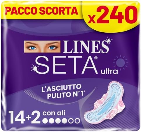 LINES SETA ULTRA GIORNO con ali, Pacco scorta da 240 assorbenti per ciclo mestruale, ali ad incastro perfetto, zero odori, Ipoallergenico, cuore lines super assorbente,filtrante seta con fori a imbuto