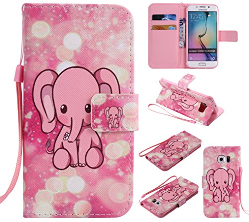 Feeltech Samsung Galaxy S6 Edge Hülle PU-Leder und Brieftasche Bunte Muster Fall mit Magnetverschluss, Hybrid-Kickstand mit Stand-Funktion, schlagen Sie schützende weiche TPU Stoßstangenabdeckung und Kreditkartenhalter für Samsung Galaxy S6 Edge Handgelenk Bügel-Buch-Art-Geldbeutel-Tasche mit 2 In 1 Berühren Sie Stift – Rosafarbener Elefant - 2