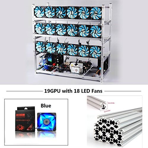 19 GPU Mining Rig Aluminum Stackable Case With 18 LED Fans Open Air Frame Miner Kit For ETH/ZEC/Bitcoin/Decred/Z Cash (Silver-BF)
