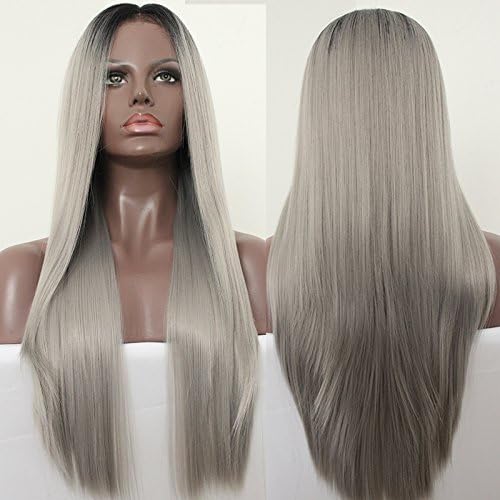PlatinumHair dark roots to grey ombre straight wigs synthetic lace front wigs soft hair heat resistant for women
