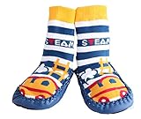 Baby Boy Toddlers Kids Indoor Slippers Shoe Socks Moccasins ANTI SLIP BLUE STEAM TRAIN