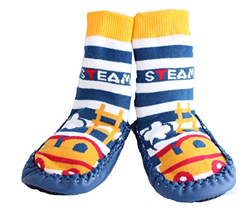 Baby Boy Toddlers Kids Indoor Slipper Shoe Socks Moccasins ANTI SLIP BLUE STEAM TRAIN (1.5-2.5 Y)
