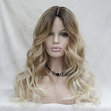 Y&amp;M Quality Heat Resistant Ombre Dark Brown to Blonde Wavy Long Wig small edge lace front , blonde