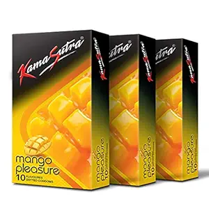 KamaSutra Mango Pleasure Flavored Condoms, Fun of Flavors for Men and Women, Dotted for Extra Stimulation, Clear, 10 Count, Pack of 3