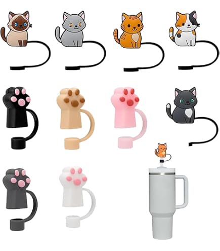 10 Stück Silikon-Strohhalmabdeckungen – Katzen-Motiv, Staubdicht, Wiederverwendbar, Für Becher & Gläser