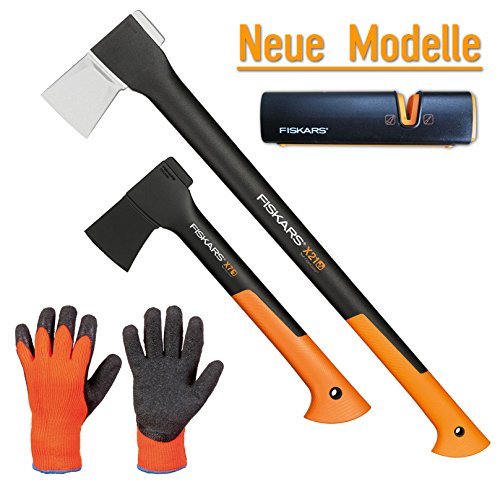 FISKARS© Set Spaltaxt X21 - L + Universalaxt X7 - XS + Xsharp Axt- und Messerschärfer + Handschuhe