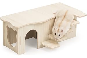 Episkey Wooden Hamster House, Hamster Corner House Hideout Cage Decor Accessories for Dwarf Hamster Gerbil Degus Rat (with Stairs, 27 * 15 * 10.5cm)