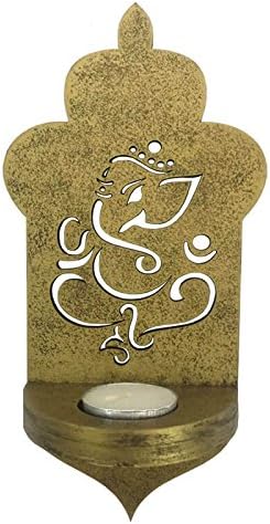 Traditional See-Thru Cut out Lord Ganesha Gold TeaLight Holder - Wall Hanging: Home Décor - 9" x 4.5" x 3"