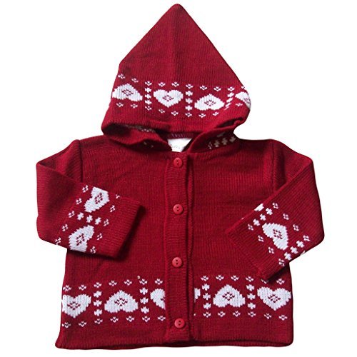 3-6 months - Baby Girls Cardigan - Beautiful Red and White LOVE HEARTS Pattern Knitted Hooded Cardigan