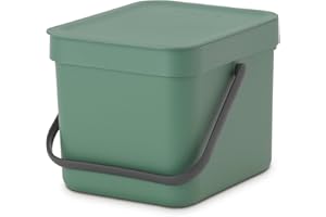 Brabantia Sort & Go Food Waste Bin 6L (Fir Green), Space-Efficient Plastic Recycle Bin with Handle, Removable and Stay-Open Lid, Easy to Clean Kitchen Compost Caddy without Nooks and Rims