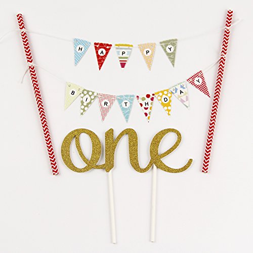 KUNGYO Ein Geburtstagstorte Topper Set Kleine Buntings Banner (Rosa) Cake Topper Kuchenwimpel Girlande Und Golden"One"