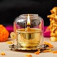 Premium Brass Lanterns for Home Decor Akhand Diya with Lifting Screw for Puja Decor with Adjustable Bati Knob, Wick Lifting Screw Lever, Glass Cover Navratri Special Deepak Diya for Diwali