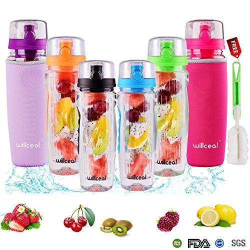 willceal Infuseur à Fruits Bouteille d'eau 907,2 Gram Durable, Grande - sans BPA Tritan, Couvercle à Rabat, Anti-Fuite Motif - Sports, Camping, Noir