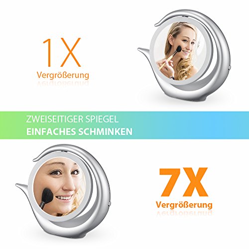 Jerrybox LED Beleuchteter Schminkspiegel, Zweiseitiger Kosmetikspiegel mit 1× / 7× Vergrößerung, Makeup Spiegel mit Beleuchtung, 360 Grad Drehbare Spiegel mit Eingebauter Schublade, Einstellbar und Dimmbar Tischspiegel, Silber - 3
