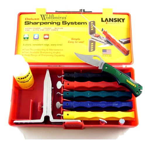 Preisvergleich Produktbild Lansky Deluxe Schärfset, 5 Abziehsteinen, inkl. Klammer, Führungsstäbe, Schleiföl, Transportbox & Gratis Taschenmesser