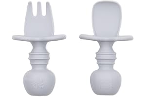 Bumkins Chewtensils, 100% Silicone Baby-Led Weaning Cutlery - Fork and Spoon Pair, 6 Months+, Grey