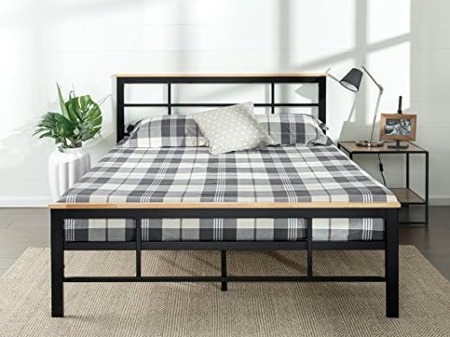Modern Design Platform Bed Frame with Wooden Slats &amp; Headboard Included (Material: Steel, Color: Black/Beige) (Super King (6'))