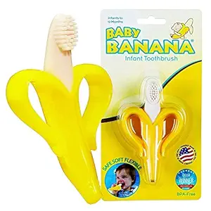 BLUE C BPA-Free Safe and Flexible Banana Training Toothbrush and Teether for Baby Boys and Baby Girls (Yellow)