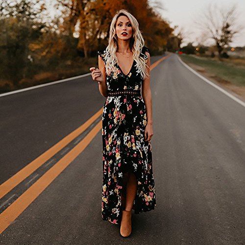 WWricotta Women Summer Floral Flower Deep V Neck Backless Asymmertrica Dress BK/S(Schwarz, S)