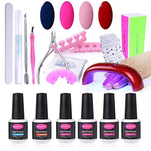 CLAVUZ Nail Starter Set 4pcs Soak Off Gel Nail Polish Kit with 9W UV LED Nail Light Dryer 30S 60S 90S Timer with Top and Base Coat plus Professional Nail Art Manicure Tools DIY at Home