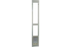 IDEAL PET PRODUCTS SINCE 1979 Ideal Pet Products Modular ALUMINUM Pet Patio Door with Single Pane Glass and Clear Flexible Flap. Fits up to 1” Aluminum Patio track width ONLY, Medium, White