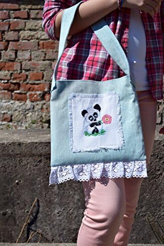 Denim Kid's Purse Panda Embroidered Bag Girl Handbag Kid Tote Bag Fabric Tote Blue Denim Shoulder Bag Cross Body Library Bag Beach Kawaii Handbag Kids Gift Girl Gift Teen Gift Sister Gift Denim
