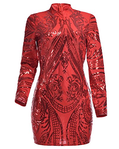Damen Slim Kurze Pailletten Kleider Langarm Bodycon Kleid Mit Rundkragen Rot M - 3