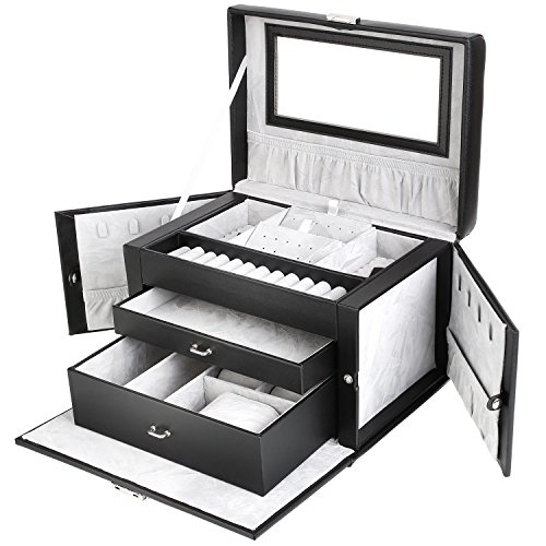 Femor Schmuckkästchen abschließbar Schmuckkoffer mit 3 Schubladen Schmuckkasten mit Minibox und Innenspiegel(Schwarz)