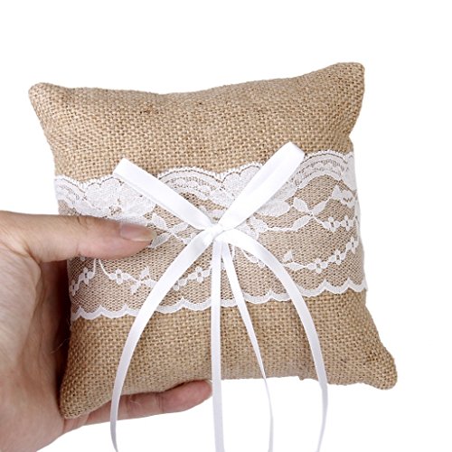 Ringkissen ca. 15cm x 15cm vintage Sackleinen Jute Spitze Landhaus-Stil Hochzeit - 2