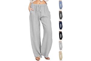 CheChury Pantalones Mujer Casuales de Lino de Algodón Cintura Alta Elasticos Largas Pantalón Deporte Elástica Pantalones Verano Causal Flojo Largos Playa con Bolsillos y Pantalones de Cómodos