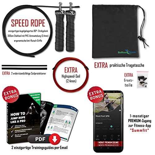 Springseil Speed Rope von BeMaxx Fitness + Trainingsguide & Ersatzseil – 2 verstellbare High Speed Stahlseile, Profi Kugellager & Anti-Rutsch Griffe – Sport, Crossfit, Boxen, Training für Erwachsene - 3