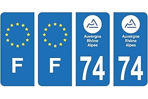 HADEXIA Lot 4 Autocollants Plaque immatriculation département 74 Haute-Savoie Auvergne-Rhône-Alpes & F France Europe