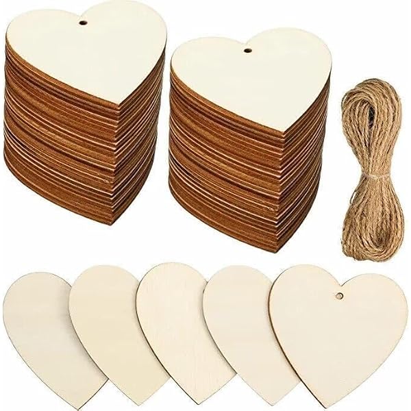 50 Cœurs En Bois Avec Ficelle - 10x10cm - Déco Mariage, Fête, DIY - Lot Complet Pour Guirlandes