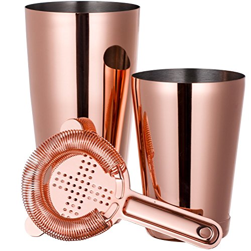 Kupfer Boston Shaker: 3-teilig Set: 550ml&750ml Profi Edelstahl Cocktail Set & Barsieb von Homekeros - 3