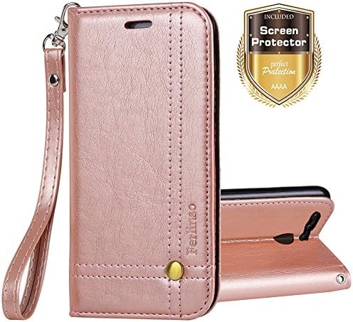 Huawei Nova 2 Plus Case, Ferlinso Elegant Retro Leather with [SCREEN PROTECTOR]ID CRose Goldit Card Slot Holder Flip Cover Stand Magnetic Closure Case for Huawei Nova 2 Plus (Rose Gold)