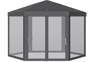 Outsunny Pavillon Gartenpavillon mit Moskitonetz Partyzelt Gartenzelt Festzelt Zelt 6-eckig Polyester+Metall Grau 197x250x250cm
