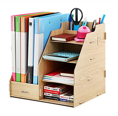 Étagère Rangement DIY Organisateur de Bureau en Bois 4 Planche + 2 Compartiment Creux Porte-Documents Magazine Livres Porte-Revues Pot à Crayon Multi-Fonctionnel Pour Bureau Maison Bibliothèque