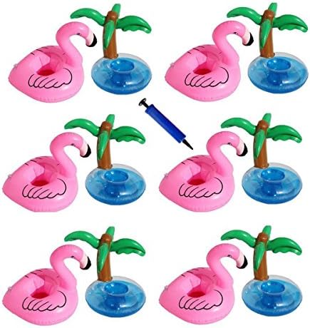 12 PCS Inflatable Drink Holder Coasters Water Toys,6 Flamingo,6 Palm Tree Swimming Floats for Pool Party Water Fun